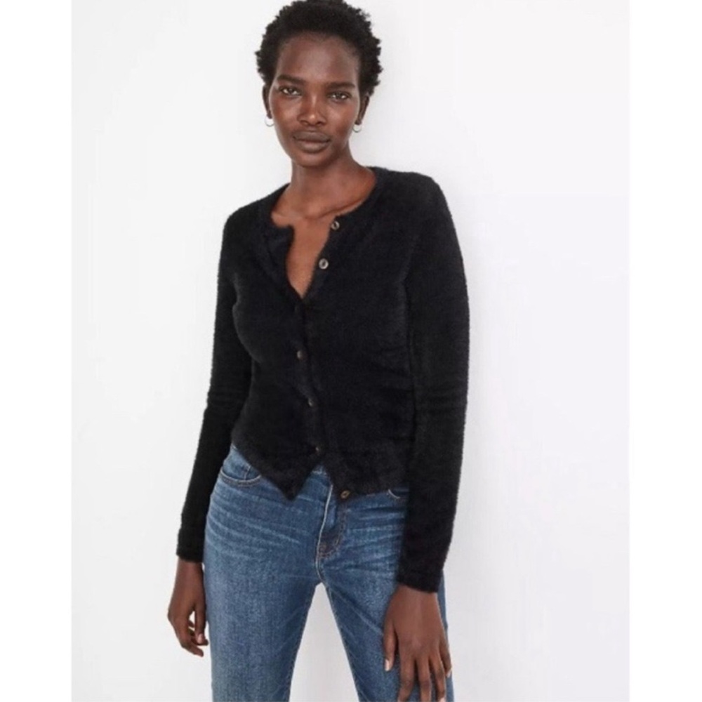 Madewell Hewitt Fuzzy Slim Button Down Cardigan Sweater Black - Picture 2 of 6